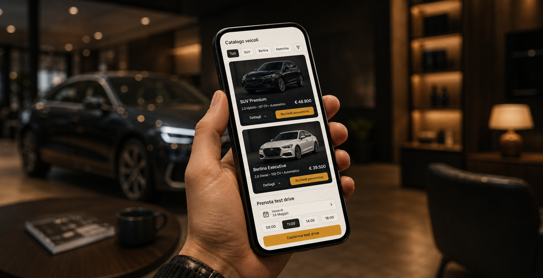 Catalogo veicoli e test drive da smartphone in showroom automotive
