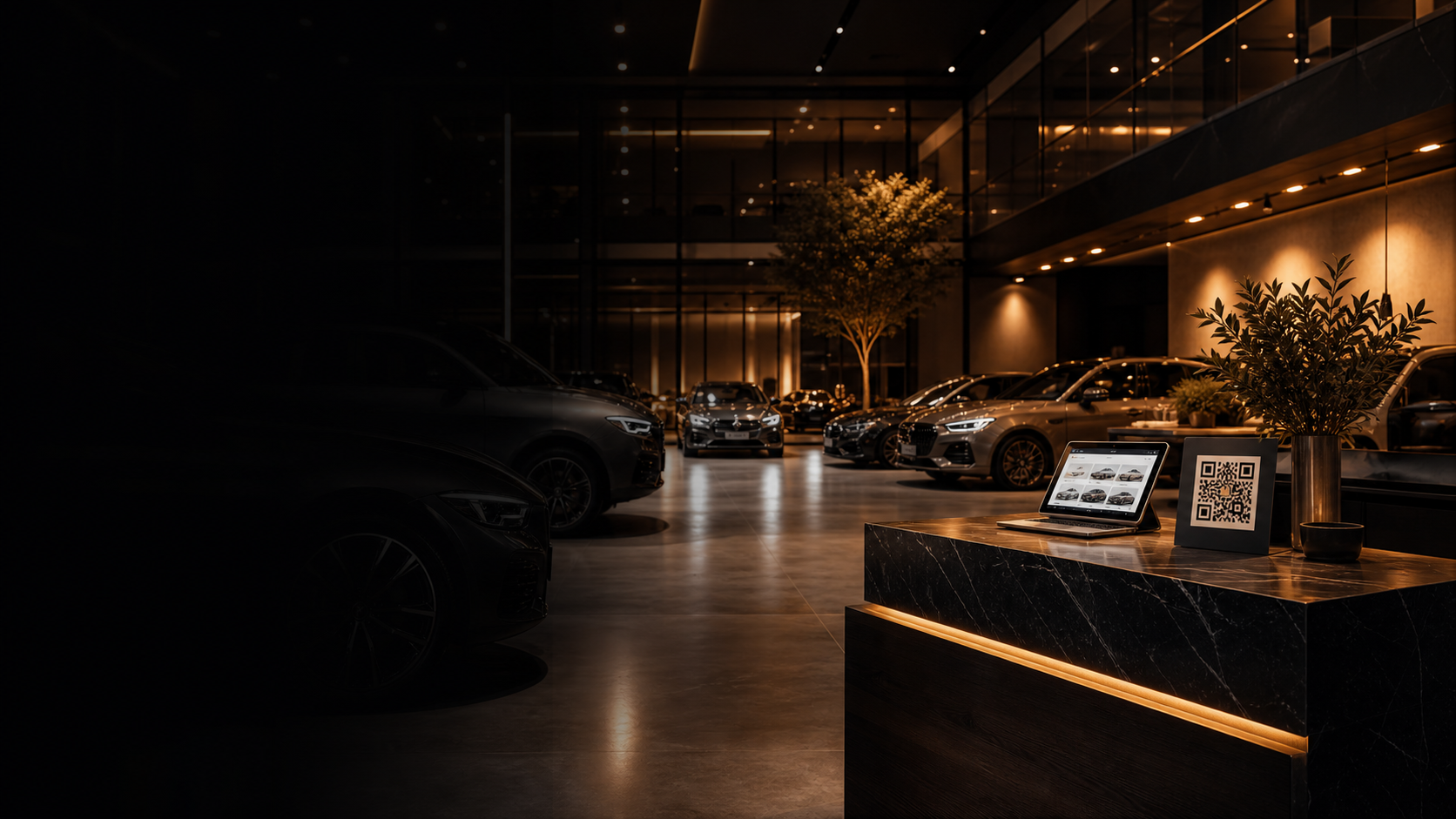 Showroom auto premium con supporto QR e tablet per catalogo veicoli