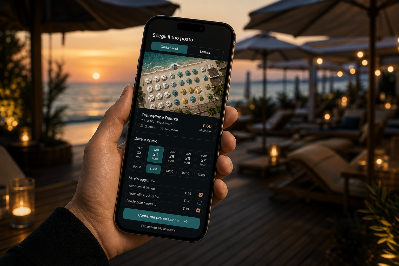 Sunbed booking from a smartphone in a beach club at sunset