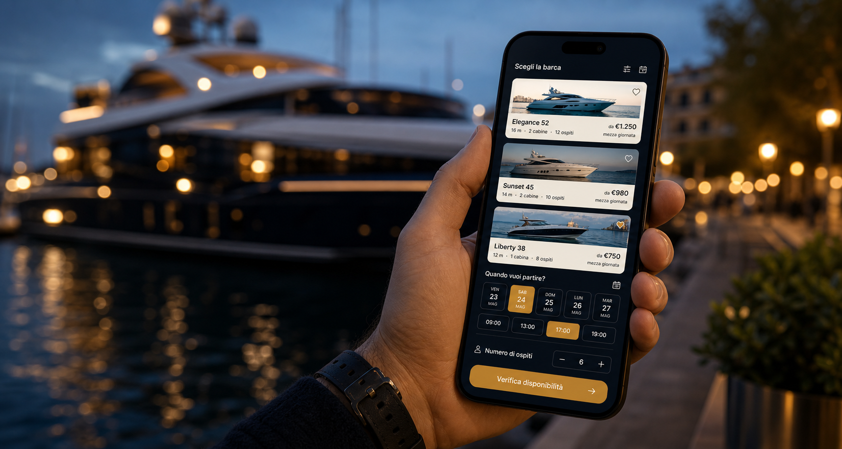 Prenotazione charter e flotta nautica da smartphone in un porto serale