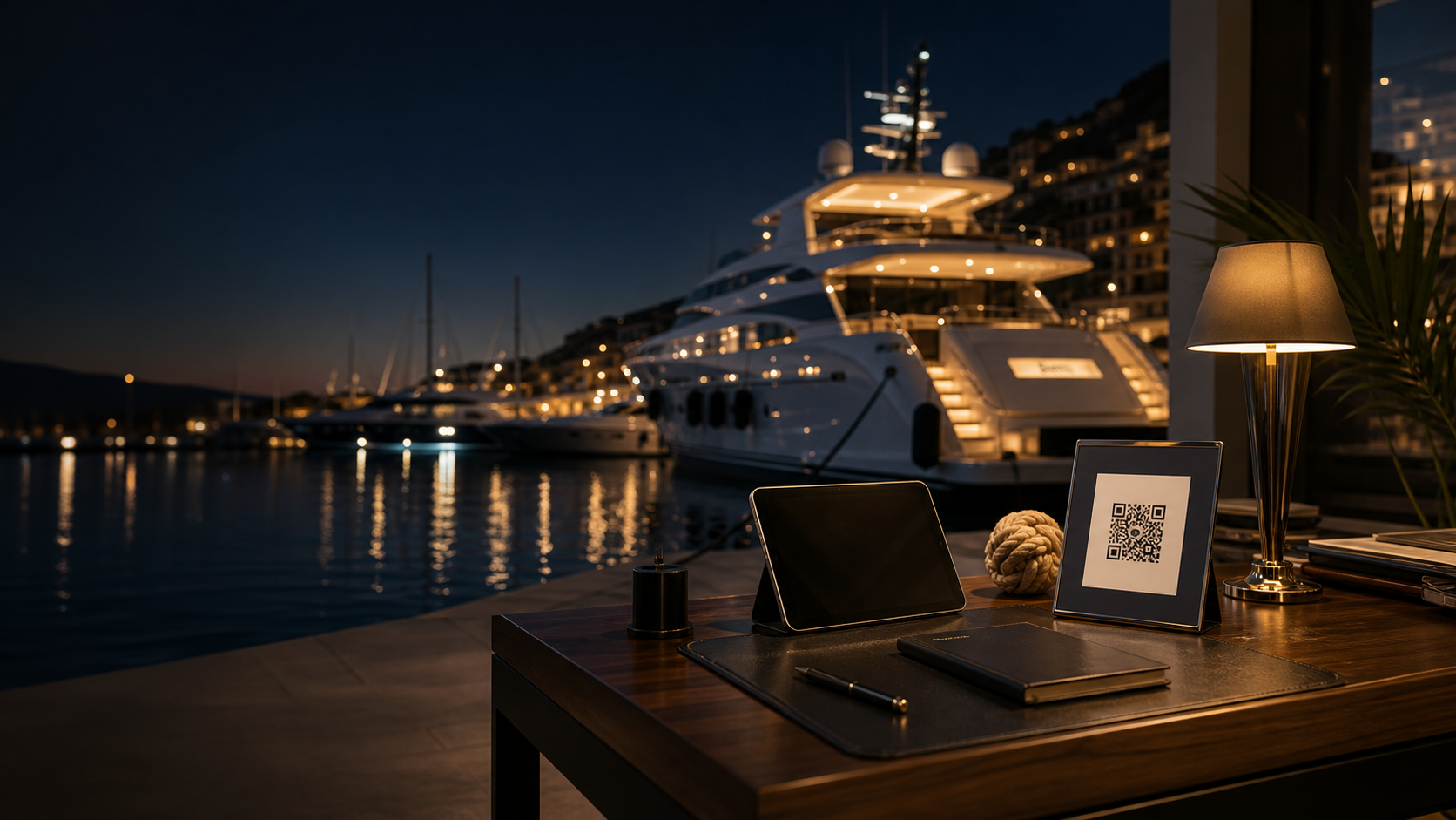 Marina premium con scrivania nautica, tablet e QR per flotta charter