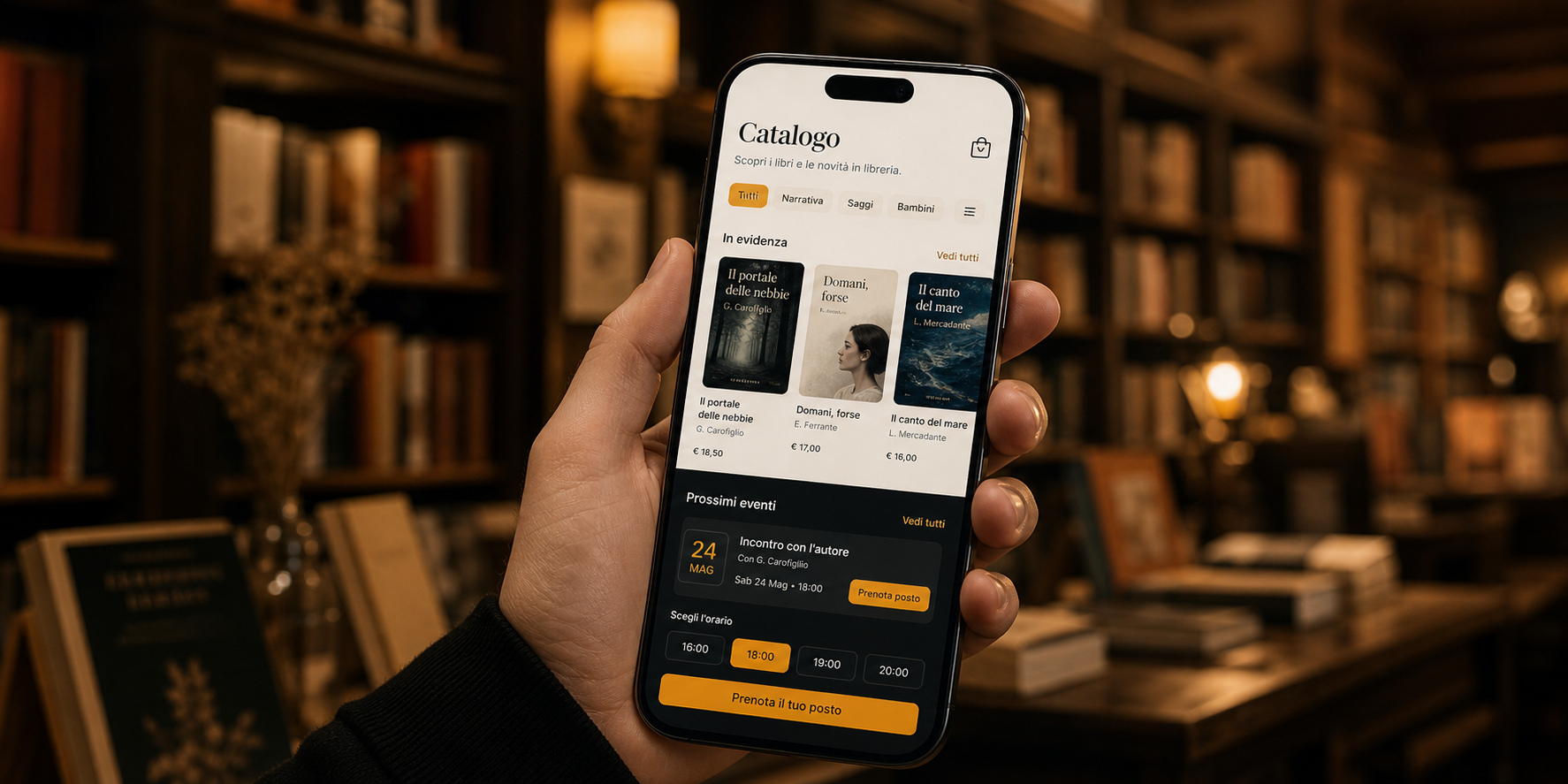 Bookshop catalogue and events viewed from a smartphone among lit shelves