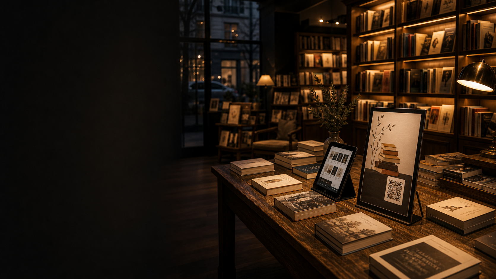 Independent bookshop with book table, tablet and QR for a digital catalogue