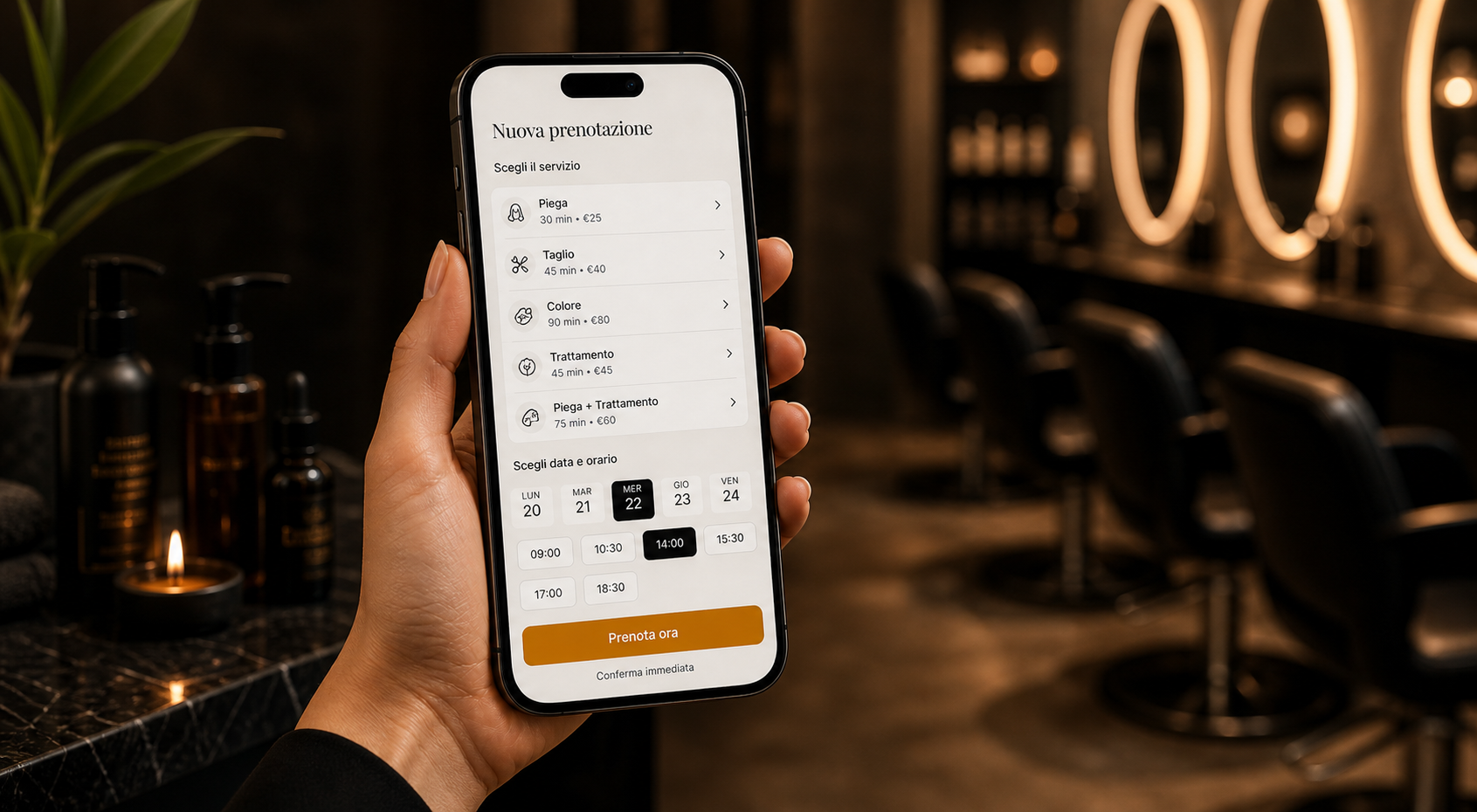 Prenotazione di servizi beauty da smartphone in un salone elegante