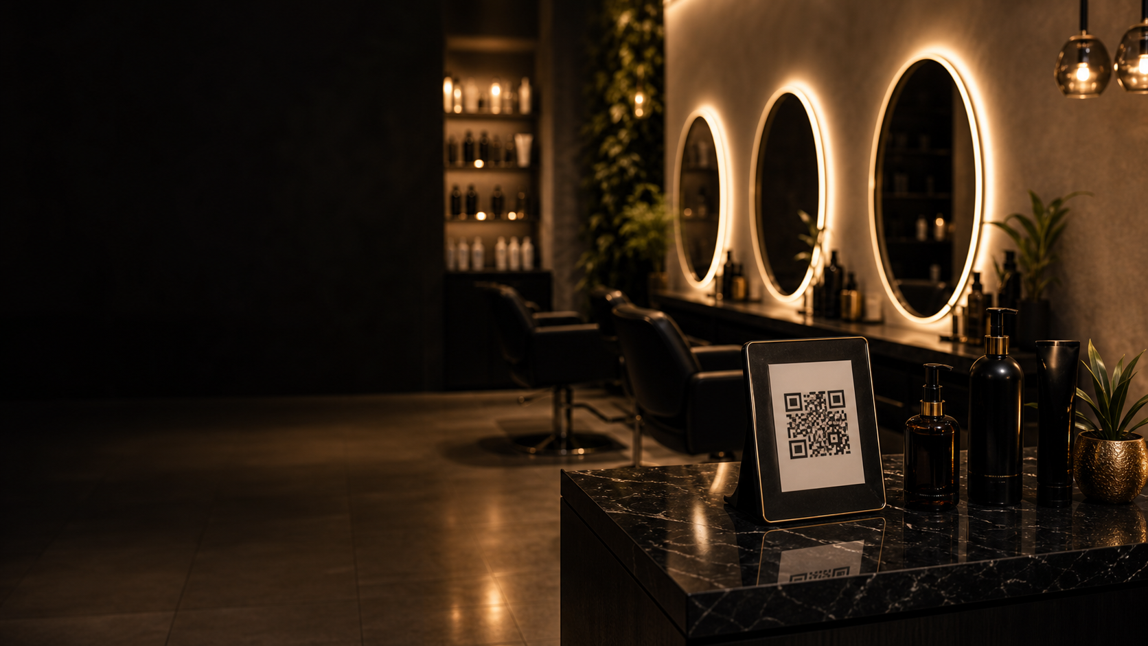 Salone premium con specchi illuminati, prodotti e supporto QR per prenotazioni