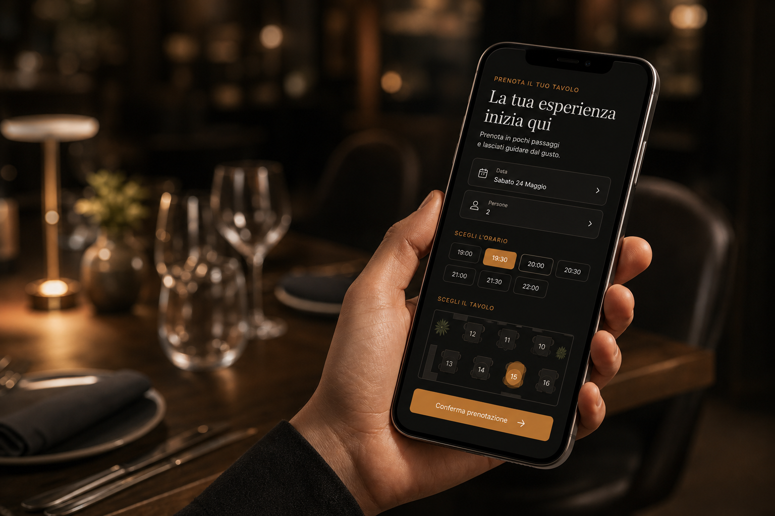 Prenotazione ristorante da smartphone in un ambiente caldo e premium